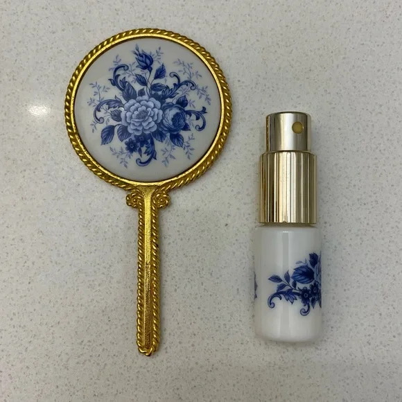 Vintage Gold and Porcelain Handheld Mirror and Atomizer Set - Picture 1 of 3